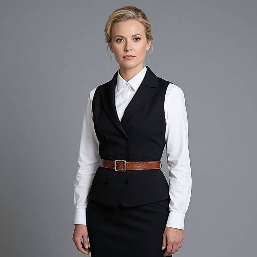 Photograph of a blonde woman with fair skin, wearing a white shirt, black sleeveless vest, and brown belt against a gray background.