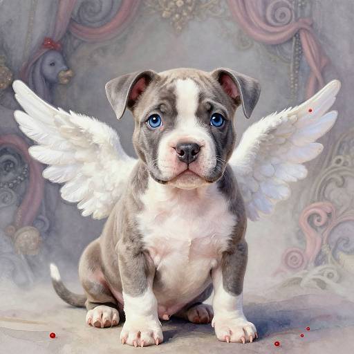 Digital artwork of a gray and white puppy with blue eyes and white angel wings, sitting against a whimsical, ornate background.