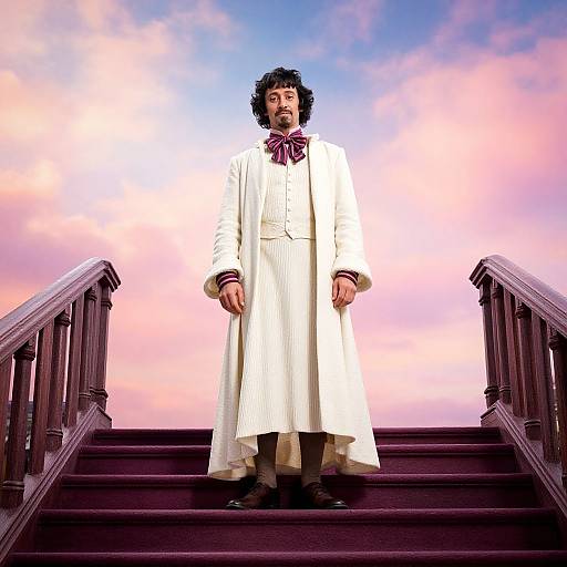 Photograph of a man with curly hair and beard, wearing a long white coat with purple bow tie, standing on stairs against a pink and blue sky