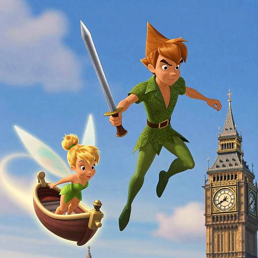 Animated Peter Pan and Tinker Bell Flying Near Big Ben