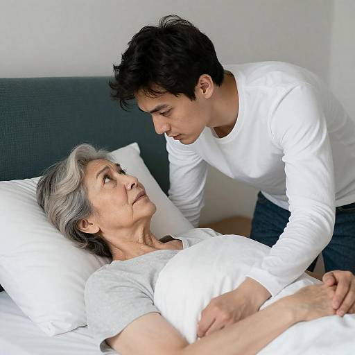 Young Caregiver at Elderly Woman's Bed