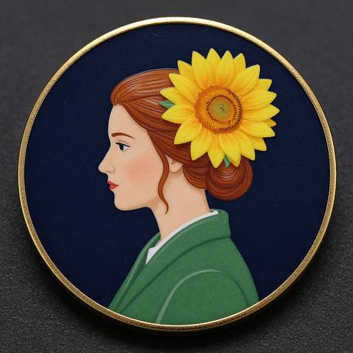Digital painting of a woman in profile with brown hair, sunflower in hair, green dress, black background, circular gold frame.