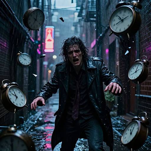 Photograph-style CGI: Wet, disheveled man in dark leather coat, raining alleyway, surrounded by floating clocks, neon 