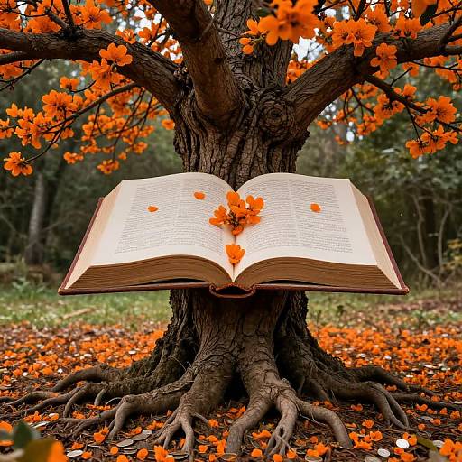 Photograph of an open book with orange flowers embedded in its pages, hanging from a tree with vibrant orange blossoms, surrounded by fallen petals on a