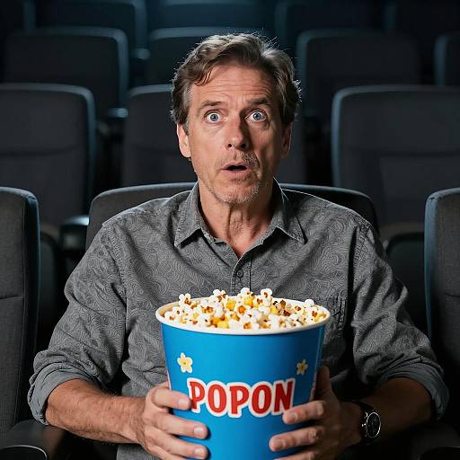 Surprised Man Holding Popcorn in Movie Theater
