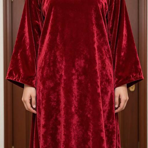 Photograph of a person in a rich, red velvet dress with long sleeves, standing against a wooden door background. Hands visible at the bottom.