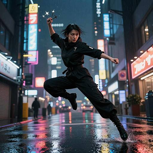 Digital artwork of a fierce, black-clad woman with spiky hair, mid-leap in a neon-lit, rainy urban street, holding stars