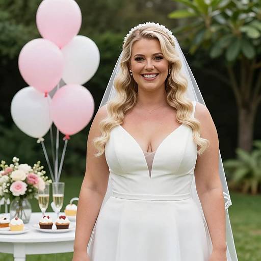 Blonde bride in white dress with plunging neckline, veil, and floral headpiece, smiling at outdoor wedding with pink and white balloons.