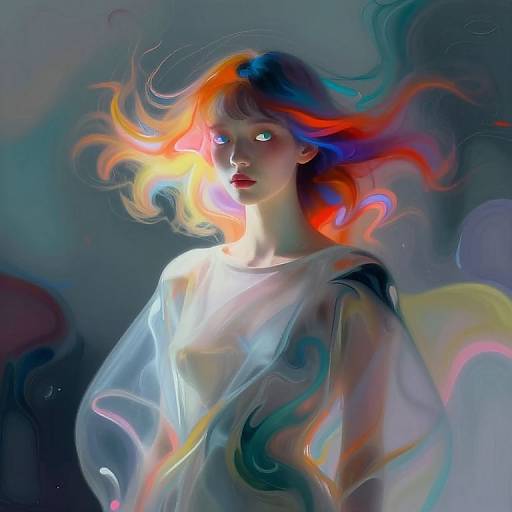 Digital painting of a pale-skinned woman with vibrant, multi-colored hair, wearing a translucent white shirt, illuminated by ethereal light.