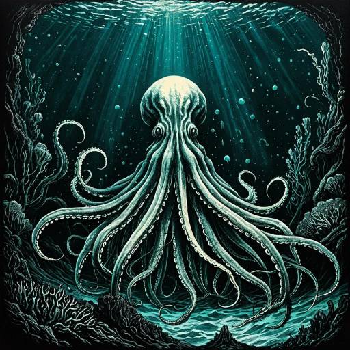Giant Squid in Bioluminescent Abyss