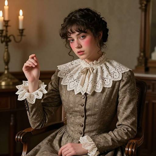 Victorian-era photograph of a fair-skinned woman with curly black hair, wearing a brown plaid dress with intricate white lace collar and cuffs, seated