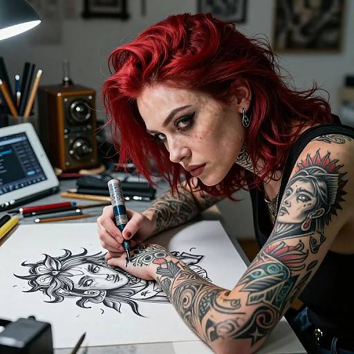 Photograph of a heavily tattooed, red-haired woman with pale skin, concentrating on drawing intricate black ink tattoo design on white paper, surrounded by art