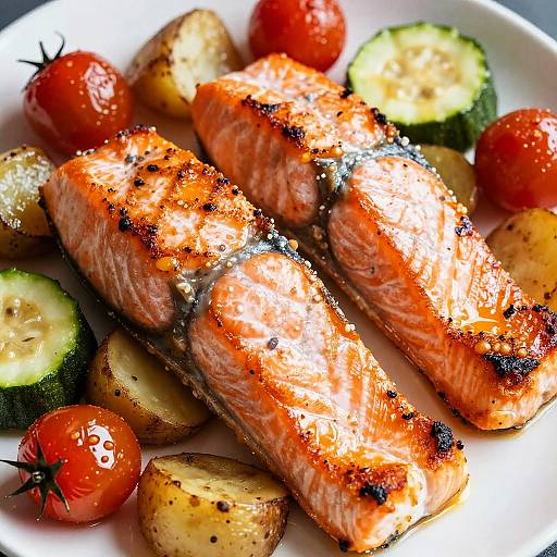 Vivid Close-Up of Seared Salmon with Roasted Vegetables