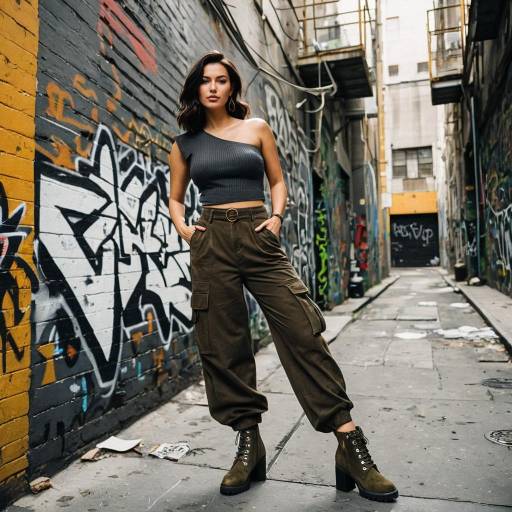 Woman in Urban Alley with Cargo Pants and One-Shoulder Top