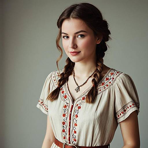 Young Woman in Vintage Embroidered Dress