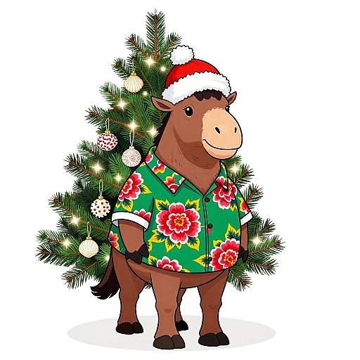 Cartoon brown horse in green floral shirt and red Santa hat, standing beside a decorated Christmas tree with lights and ornaments.
