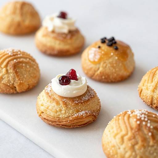 Photograph of golden, sugar-dusted pastries topped with white cream and red or black berries, arranged in a diagonal line on a white surface.