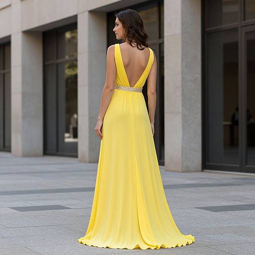 Photograph of a woman with long brown hair in a backless, yellow, floor-length gown with a sparkling waistband, standing outside a modern building