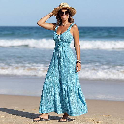 Photograph of a woman in a blue, lace, sleeveless dress, wearing a straw hat and sunglasses, standing on a sunny beach with waves in