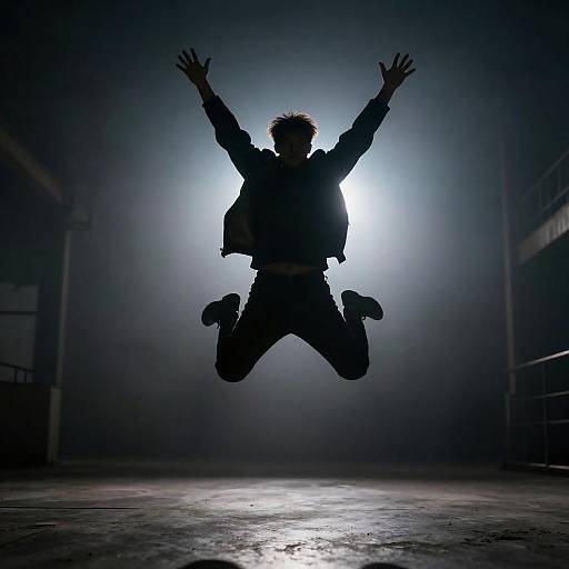 Dynamic Jumping Silhouette in Misty Landscape