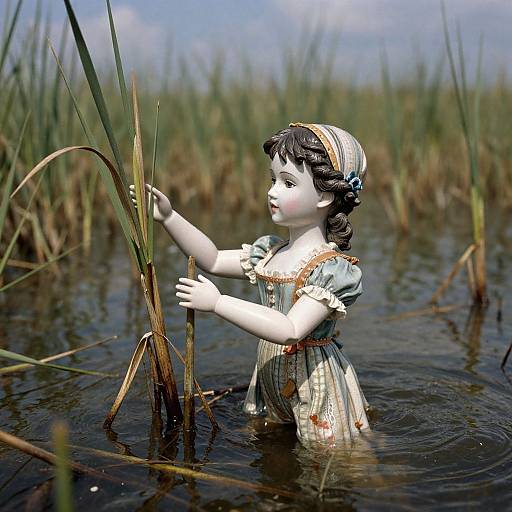 Photograph of a porcelain doll with dark hair, wearing a blue and white dress, standing in a marshy water area, holding tall grasses.
