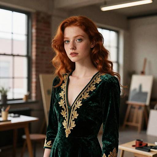 Elegant Redhead in Chic Artist Studio