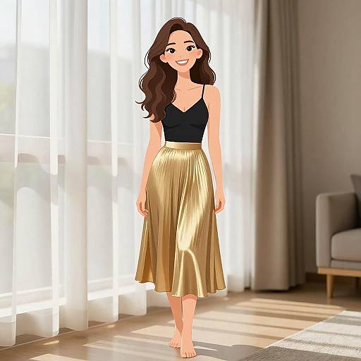 Digital illustration of a smiling woman with long brown hair, wearing a black crop top and gold pleated skirt, standing barefoot in a sunlit room