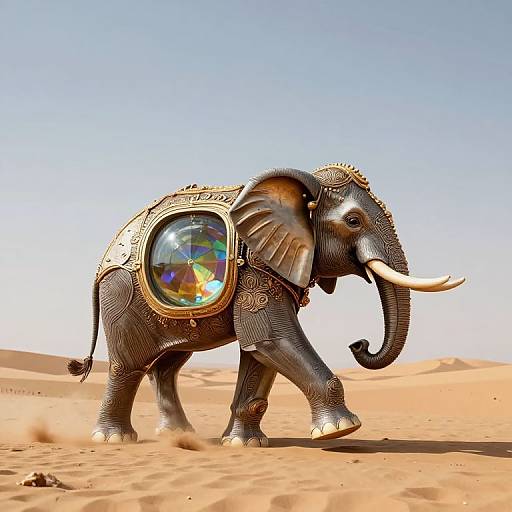 Fantastical, digitally-rendered elephant in desert, adorned with ornate armor and a glowing, multicolored gem on its back, walking through