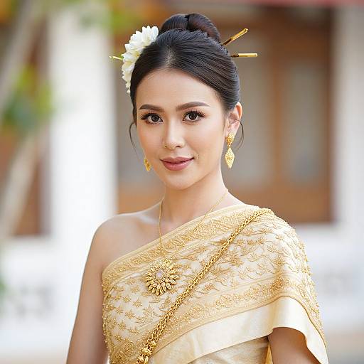 Photograph of an elegant Asian woman with dark hair in an updo, adorned with a white flower and gold hairpins. She wears a gold-
