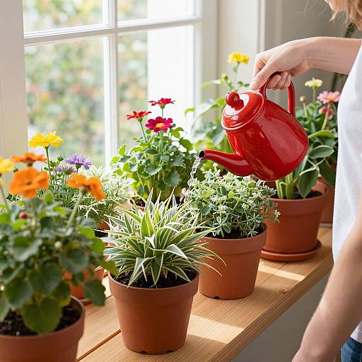 Photograph of a person watering vibrant potted flowers with a red watering can on a sunlit wooden windowsill, showcasing colorful blooms.