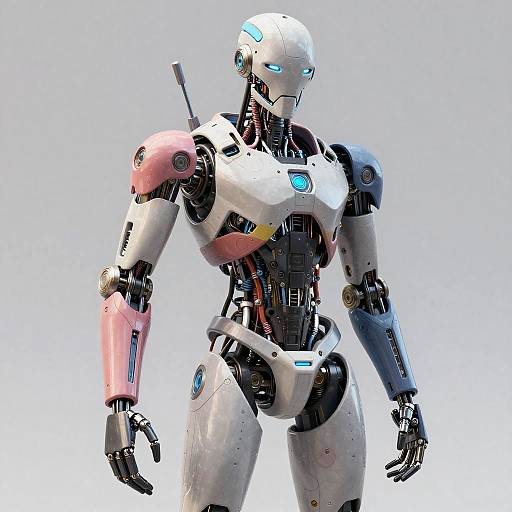 Digital CGI of a futuristic humanoid robot with white and pink armor, glowing blue eyes, and visible mechanical joints, standing against a plain light gray background.