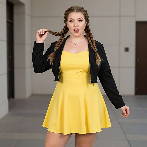 Photograph of a young woman with braided brown hair, wearing a yellow dress and black jacket, standing in a modern building hallway. She holds a