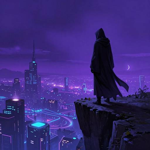 Digital art: Silhouetted figure in hooded cloak stands on cliff, overlooking neon-lit, purple-hued cityscape with skyscrapers