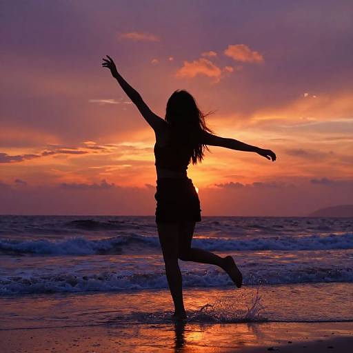 Silhouetted woman dancing on beach at sunset, arms raised, vibrant orange and purple sky, waves gently crashing in background. Photographic image.