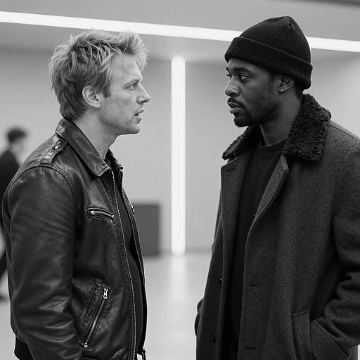 Black and White Portrait of Two Men in Conversation