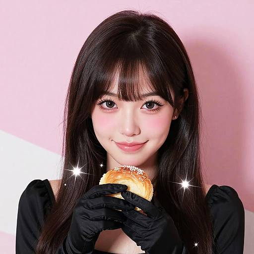 Photograph of an Asian woman with long black hair, wearing black gloves and a black dress, smiling while holding a sesame seed bagel against a pink