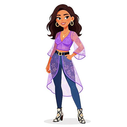 Digital cartoon of a smiling woman with dark hair, wearing a lavender lace top, sheer sleeves, blue floral pants, black belt, white lace-up shoes