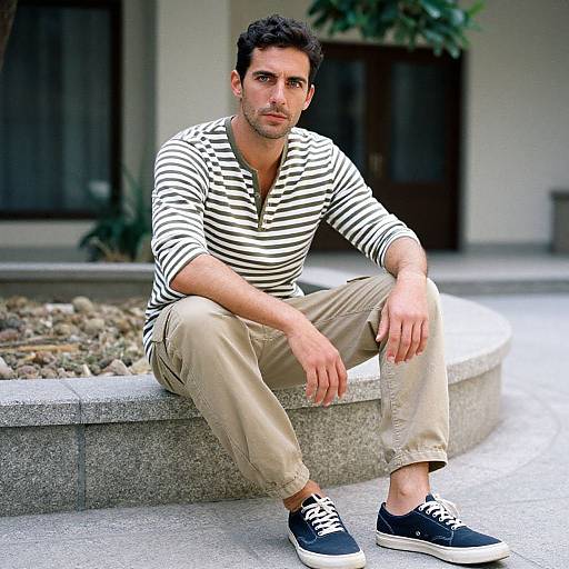 Photograph of a young man with short dark hair, wearing a black-and-white striped shirt, beige pants, and black sneakers, sitting on a stone
