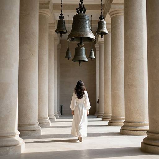 Photograph of a woman in white, long-sleeved dress walking away from camera, under large hanging bronze bells in a colonnade.