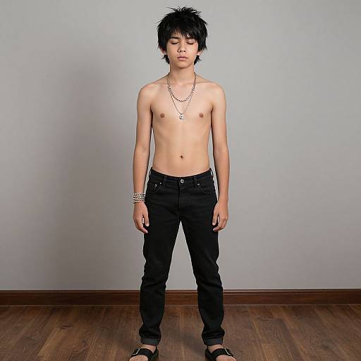 Photograph of a young Asian man with messy black hair, shirtless, wearing black pants, silver necklaces, and bracelets, standing against a plain