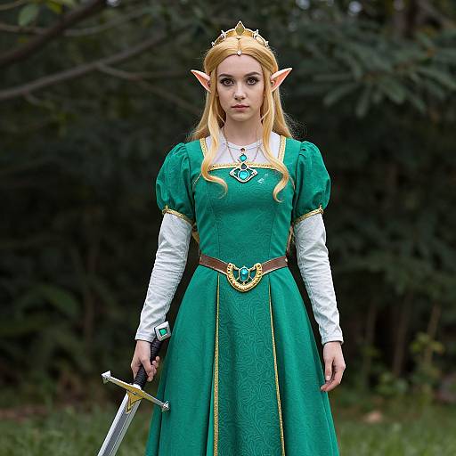 Photograph of a young woman with long blonde hair, elf ears, and a green medieval dress, standing in a forest holding a sword, wearing a
