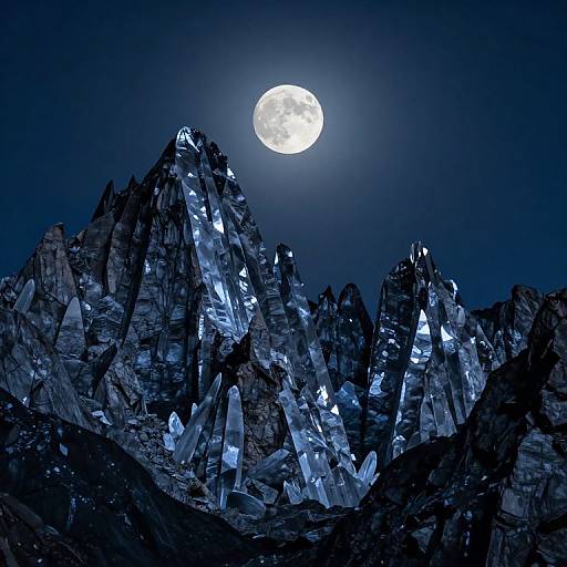 Photograph of a dark blue night sky with a bright full moon illuminating jagged, crystalline mountain peaks glowing with blue light.