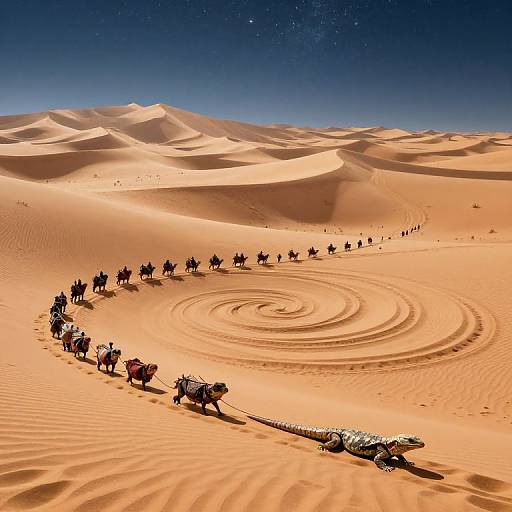 Photograph of a caravan of camels and a covered wagon in a vast, sunlit desert with rolling sand dunes and a clear, starry