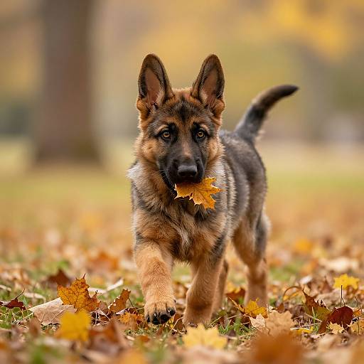 Photograph of a young German Shepherd puppy with a brown and black coat, holding a yellow autumn leaf in its mouth, walking through a colorful, leaf