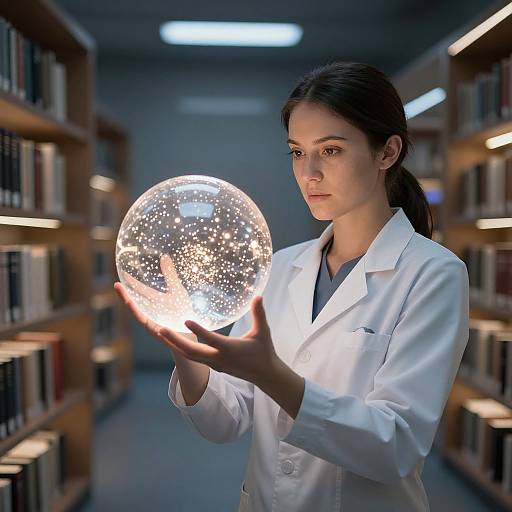 Young woman with brown hair in white lab coat holding glowing, sparkling crystal sphere in library aisle. Illuminated bookshelves in background. Photorealistic