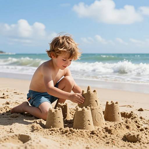 Photograph of a blonde, shirtless boy in blue shorts building a sandcastle on a sunny beach with blue ocean and white waves in the background.