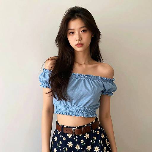 Young Woman in Blue Off-Shoulder Crop Top