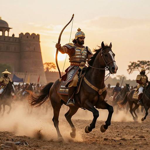 Photograph of a bearded warrior in ornate armor and headdress, riding a galloping horse, drawing a bow at sunset in front of