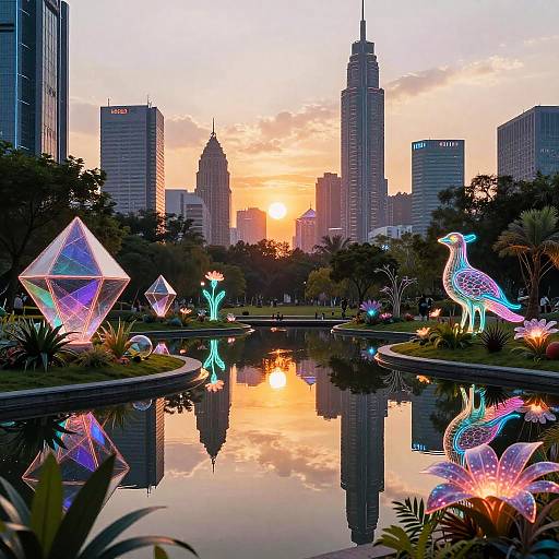 Cyberpunk City Park at Sunset