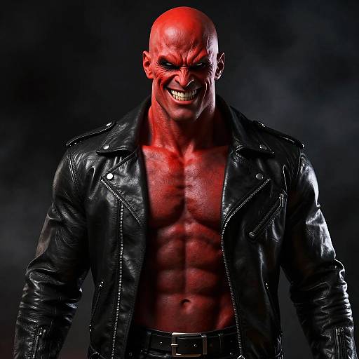 Menacing Red Skinned Muscular Man in Leather Jacket